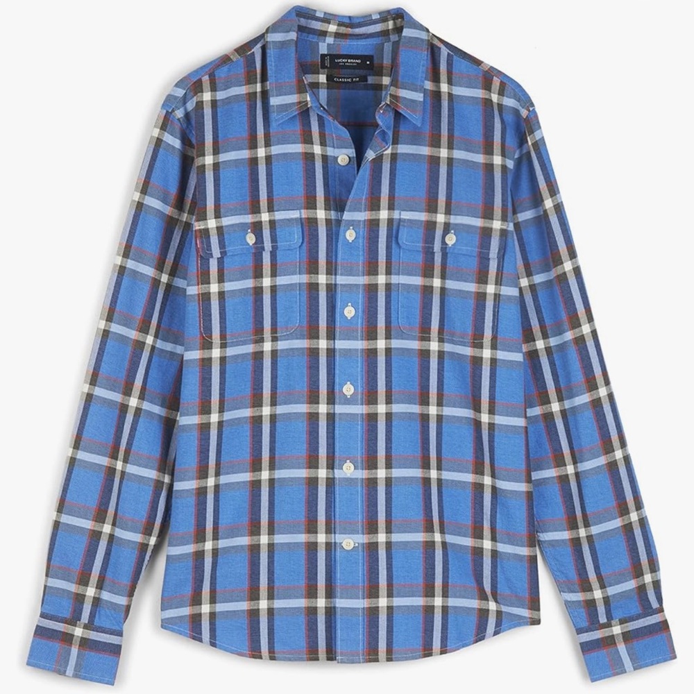 🏷️ LUCKY BRAND Humboldt Workwear Plaid Classic Fit Long Sleeve Shirt LARGE Blue